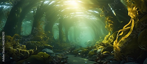 Giant kelp thrives in a California underwater forest offering a vital habitat for marine life and rapid growth potential With copyspace for text