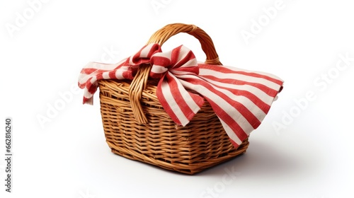 Wicker picnic basket with napkin isolated on white background photo