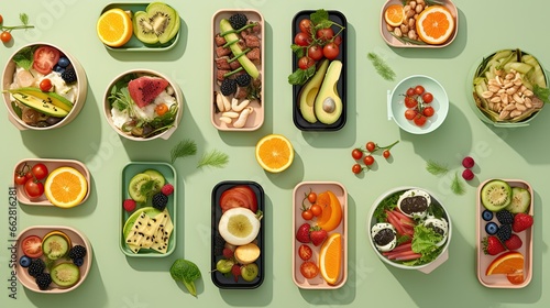 Lunchboxes on color table, flat lay. Healthy food delivery photo