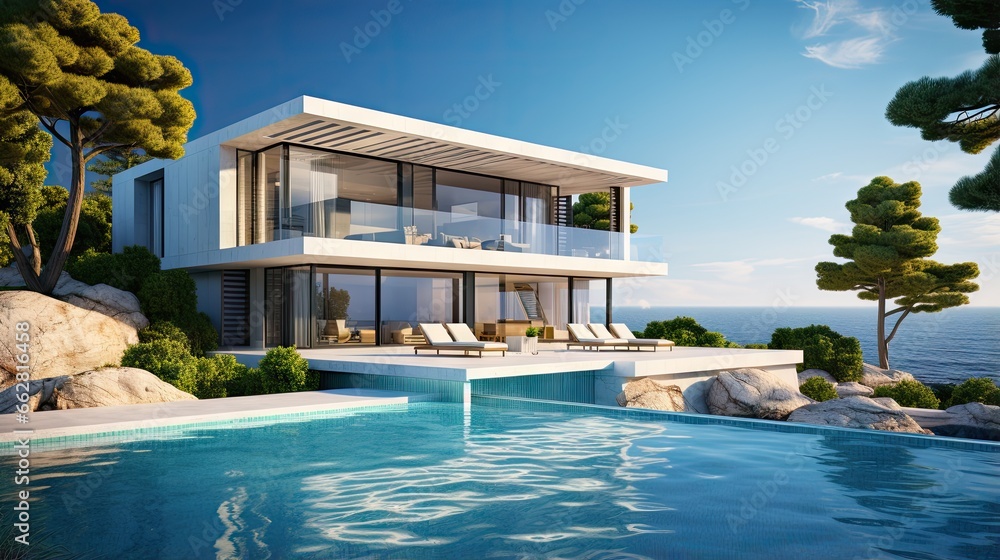 Perspective of modern house with swimming pool on sea background, Exterior. 3d rendering.