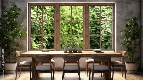 Stylish and botany interior of dining room with design craft wooden table  chairs  a lof of plants  big window  poster map and elegant accessories in modern home decor. Template.