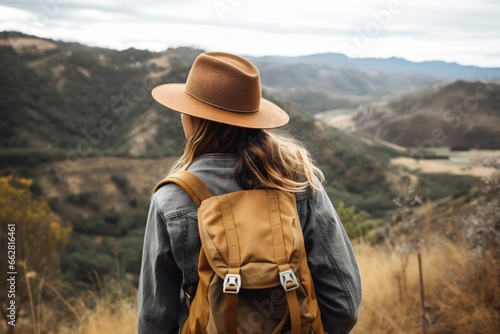 Young woman with backpack hiking in the mountains. Travel and adventure concept.