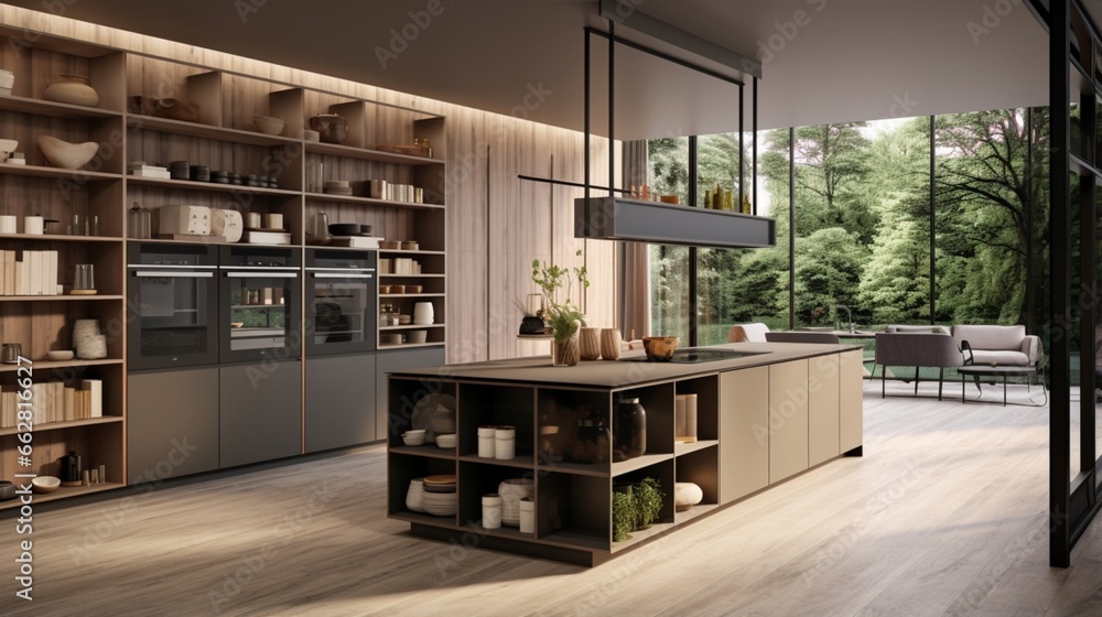 A designer kitchen with open shelving and hidden appliances