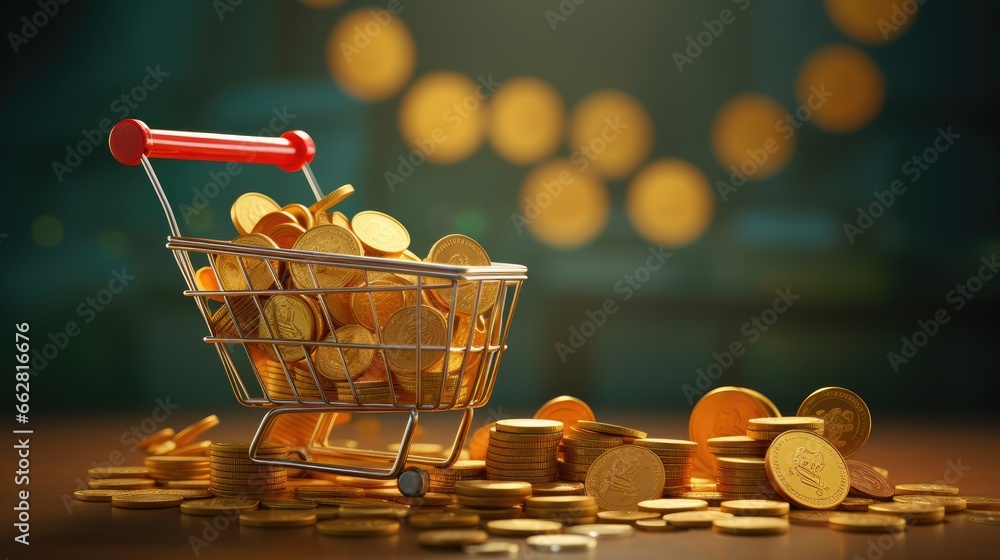 Growth of food sales or growth of market basket or consumer price index concept. Shopping basket with foods on coin stacks. 3d illustration - obrazy, fototapety, plakaty 