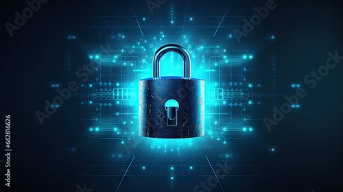 iIluminated Padlock icon on blue background. Digital data protect. Cyber data. Information Privacy. Copy space banner.