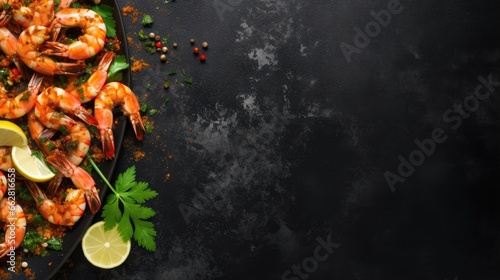 Grilled shrimps or prawns served with lime, garlic and white sauce on a dark concrete background. Seafood. Top view with copy space. Flat lay