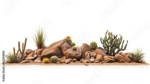 desert scene, dry plants with rocks, isolated on white background banner, 3d rendering