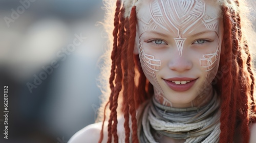 Albino black girl portrait. Albino girls from the tribe with a pattern on their face