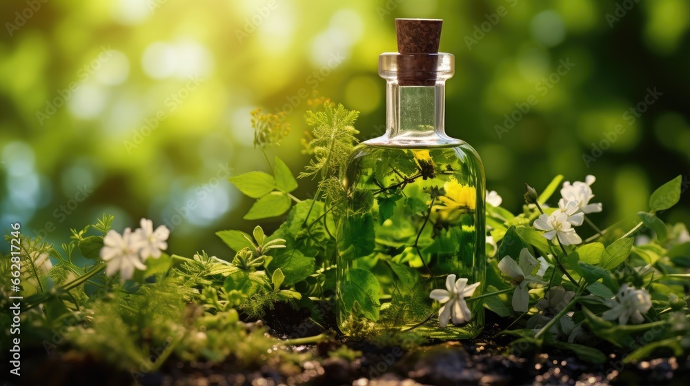 Closeup of oil bottle with fresh green herbs and aromatic flowers. Alternative medicine concept