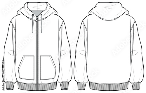 Long sleeve Hoodie jacket design flat sketch Illustration, Hooded sweater jacket with front and back view, winter jacket for Men and women. for hiker, outerwear and workout in winter