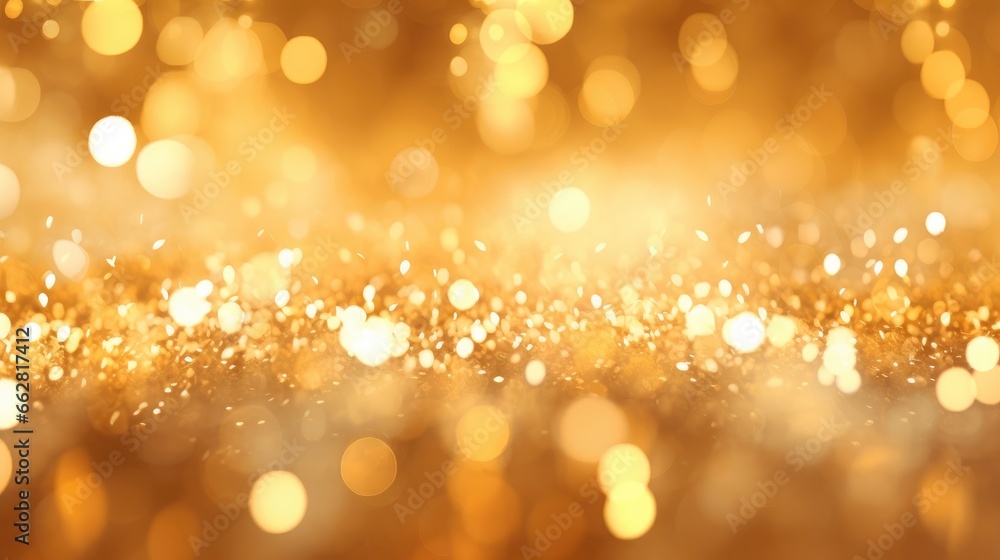 Abstract particle gold glitter wave and light bokeh background.