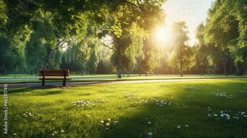 beautiful morning light in public park with green grass field