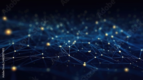 Blue abstract background with a cyber network grid and connected particles.