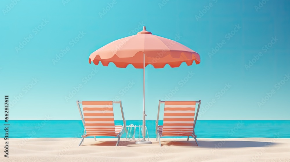 Obraz premium Beach umbrella with chairs and sand on pastel blue background. summer vacation concept. 3d rendering