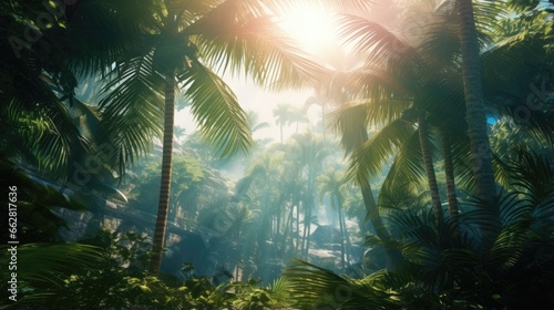 Beautiful magical palm  fabulous trees. Palm Forest jungle landscape  sun rays illuminate the leaves and branches of trees. Magical summer. 3d illustration