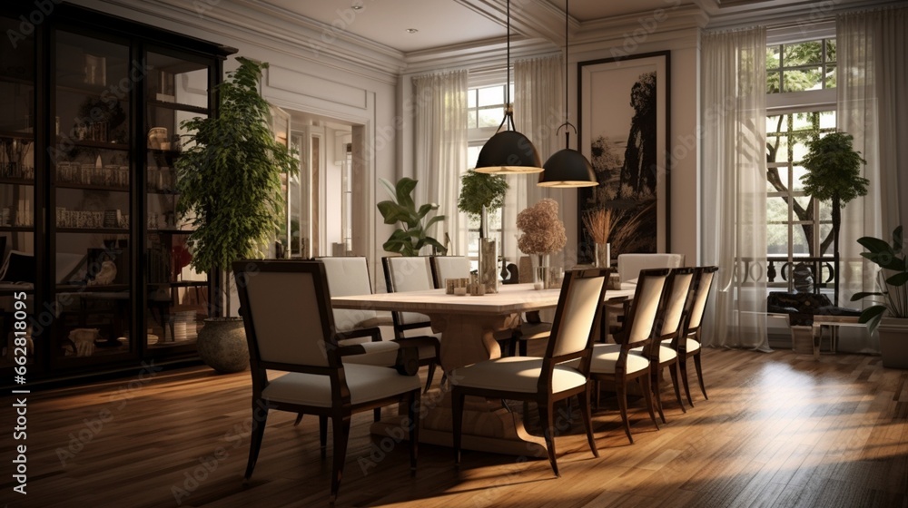A dining room with a mix of contemporary and traditional furniture