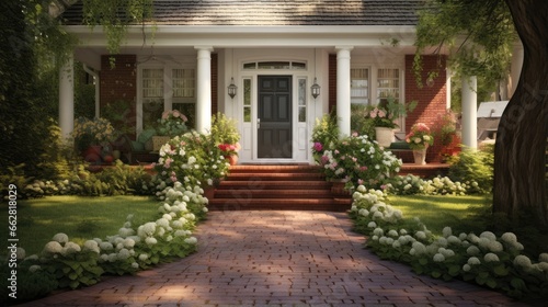 Front door of classic home with landscaped front yard and brick path.
