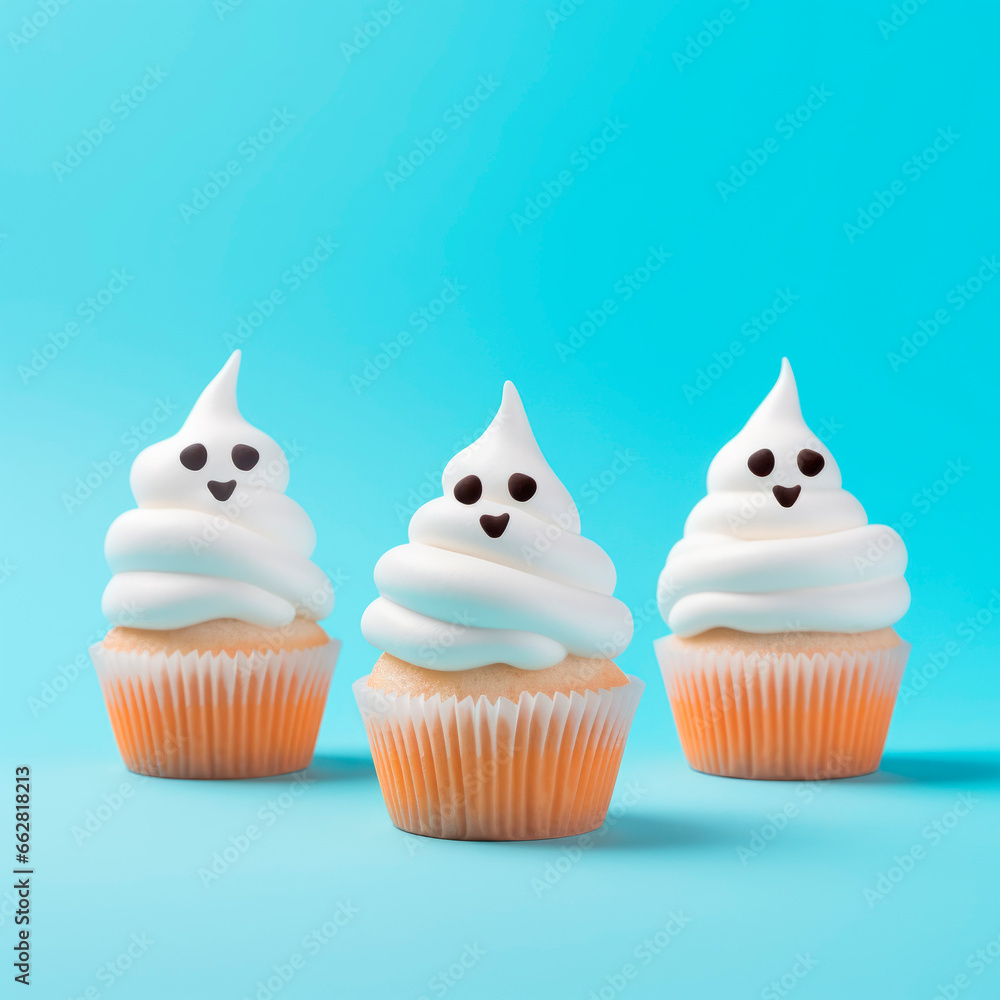 Cute haunted cupcakes for Halloween on a blue background. Cute haunted cupcakes for Halloween on a blue background.