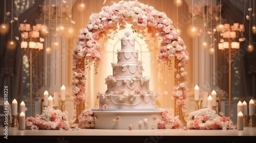 Large luxury wedding cake on a background of a flowering arch in the style of boho. Wedding dessert under the light of evening light bulbs. Wedding decor.