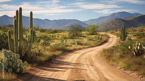 Rural sandy road in the Mexican desert, surrounded by giant cactus plants, (Large Elephant Cardon cactus) part of a large nature reserve area in the town of Todos Santos, Baja California Sur, Mexico. photo