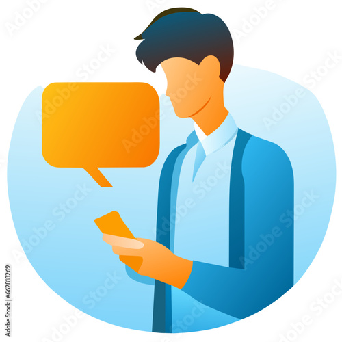 Cartoon character with mobile phones. Flat vector illustration. Message text bubble. Woman using mobile app for chating, online banking and business growing