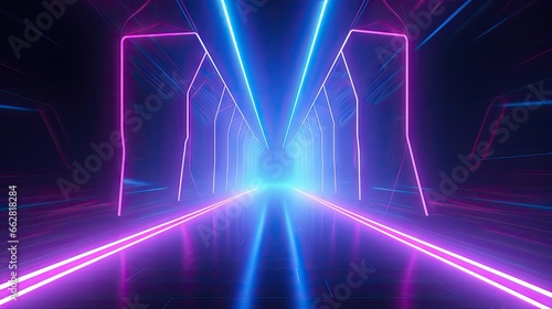 3d render, abstract minimal background, glowing lines tunnel, arch, corridor, pink blue neon lights, ultraviolet spectrum, virtual reality, laser show