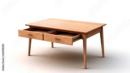 Modern wooden table with drawers on white background