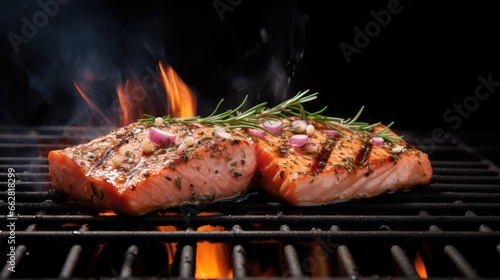 BBQ grilled Salmon Fish Steak on a grill with thyme and pink salt. Isolated on white background