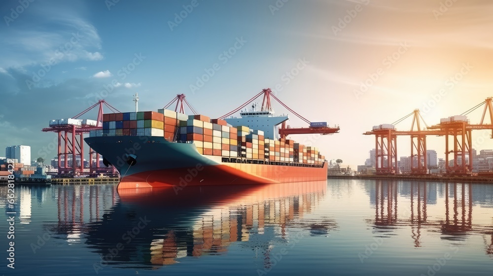 Container ship unloading in deep sea port, Global business logistic import export freight shipping transportation oversea worldwide by container ship open sea, Container vessel loading cargo freight. - obrazy, fototapety, plakaty 
