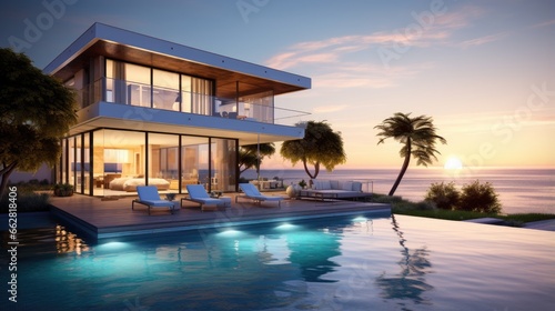 Perspective of modern house with swimming pool on sea background, Exterior. 3d rendering. © HN Works