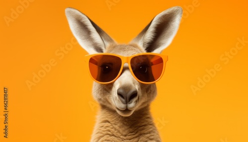 a kangaroo with shining sunglasses looking into the camera and summery orange background © Hannes
