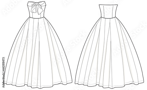 Sweetheart neck strapless ball gown wedding dress with bow design flat sketch fashion illustration with front and back view, off shoulder bridal dress flat sketch cad drawing template