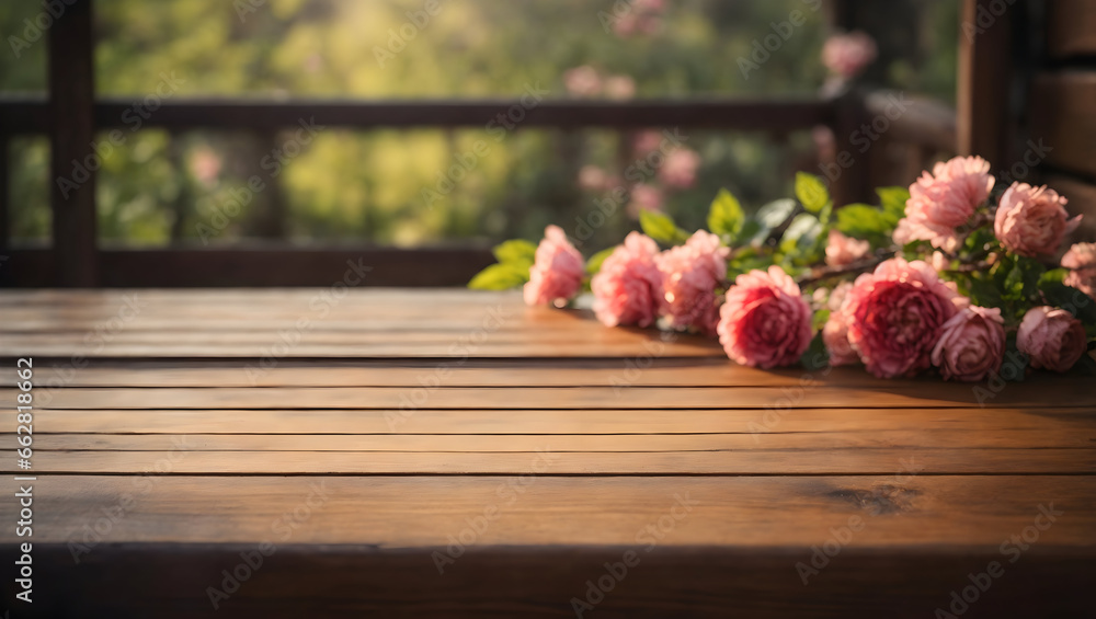 an empty wooden oak table and a peach blossom behind it an empty wooden oak table and a peach blossom behind it