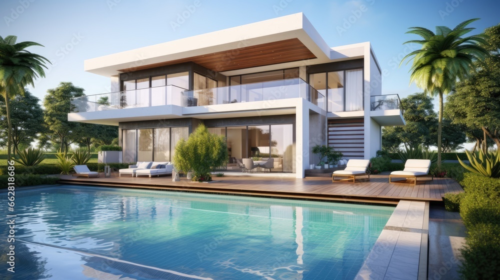 Fototapeta premium Modern house with terrace and pool. 3D rendering