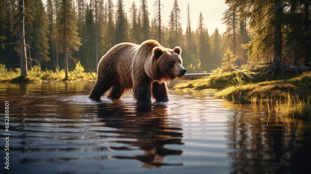 Big brown bear walking around lake in the morning light. Dangerous animal in the forest with reflection in the water. Wildlife scene from Europe. Big brown bear walking around lake in the morning light. Dangerous animal in the forest with reflection in the water. Wildlife scene from Europe.