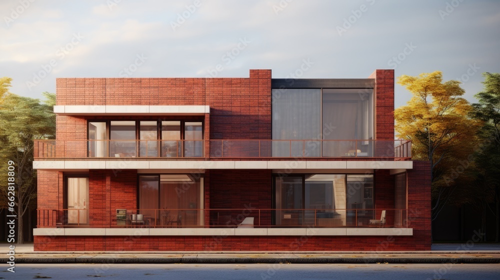 A two-storey building with a minimalist model with red brick accents. Minimalist and elegant. A two-storey building with a minimalist model with red brick accents. Minimalist and elegant.