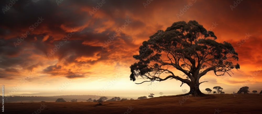 Eucalyptus tree from Australia in front of a dramatic cloudy sky With copyspace for text