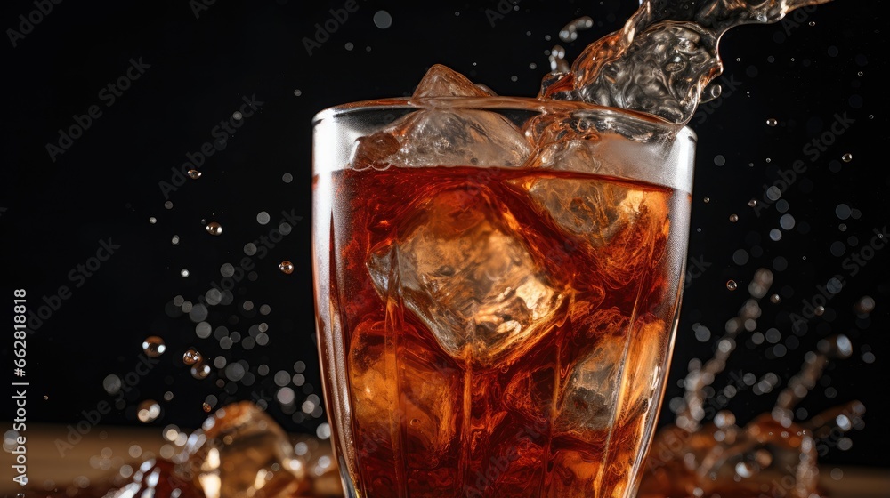 poured beverrage into a glass with ice,Cola drink is fizzy poured beverrage into a glass with ice,Cola drink is fizzy