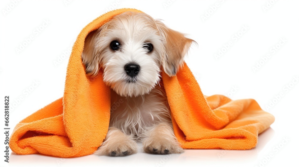 Cute wet havanese puppy dog after bath is sitting wrapped in an orange towel, isolated on white background - obrazy, fototapety, plakaty 