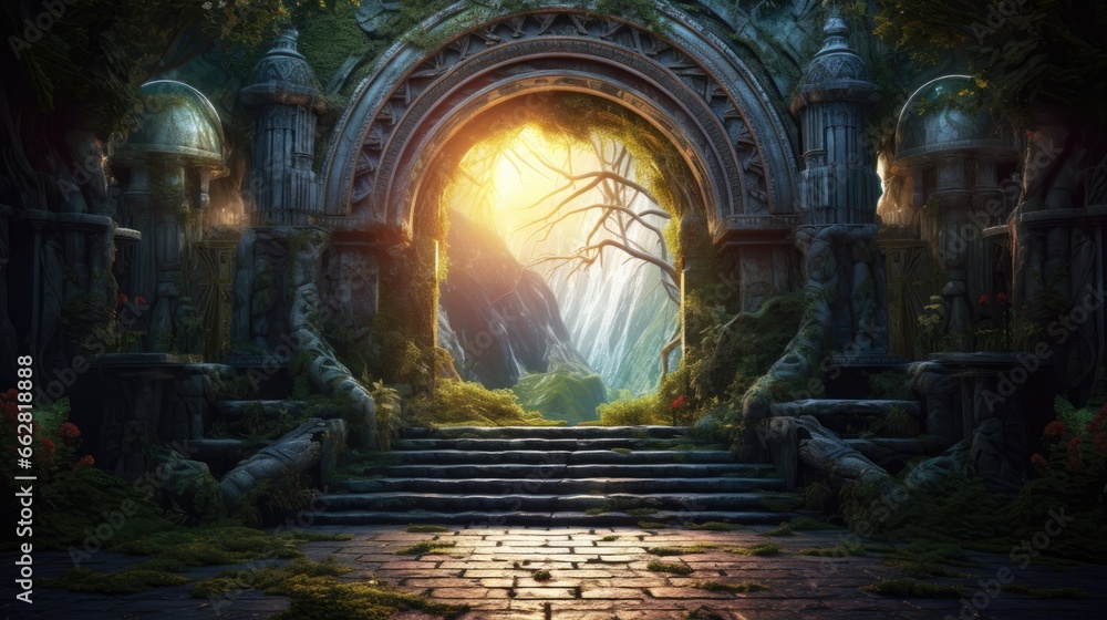 Magic Gate. Mysterious Entrance portal to Fantasy world. Ancient ruins. Passage to another world. Stone door to an alien world. Fantasy landscape with sunrise. Fairy-tale scene. 3D art