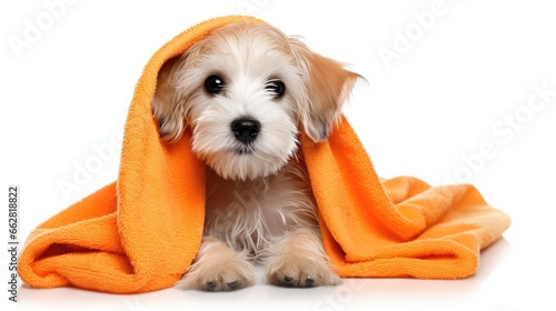 Cute wet havanese puppy dog after bath is sitting wrapped in an orange towel, isolated on white background