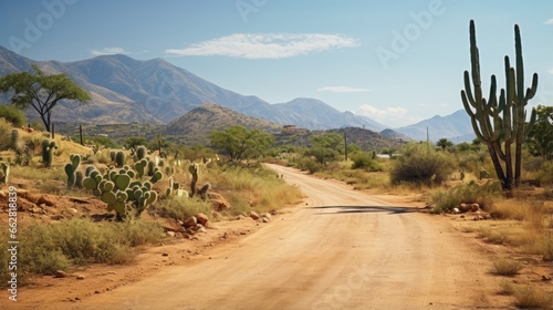 Rural sandy road in the Mexican desert, surrounded by giant cactus plants, (Large Elephant Cardon cactus) part of a large nature reserve area in the town of Todos Santos, Baja California Sur, Mexico. photo