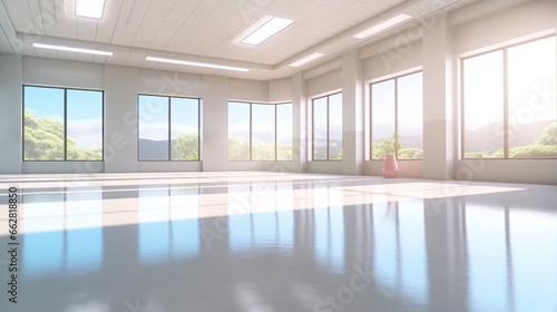 Large and Empty Room with white floor and many large Windows with nature view and cold sunlight  - AI generated photo