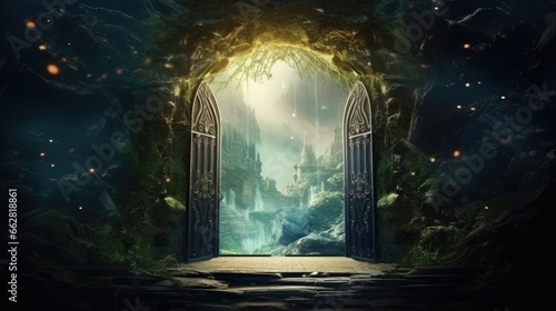 Magic Gate. Mysterious Entrance portal to Fantasy world. Ancient ruins. Passage to another world. Stone door to an alien world. Fantasy landscape with sunrise. Fairy-tale scene. 3D art
