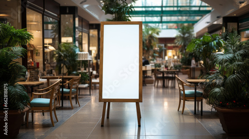 White board with wood frame in the middle of a Shopping mall interior place with vegetation pots and empty tables with day light - AI generated photo