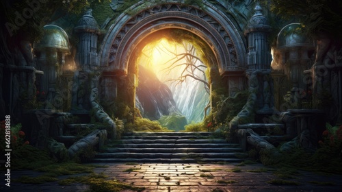 Magic Gate. Mysterious Entrance portal to Fantasy world. Ancient ruins. Passage to another world. Stone door to an alien world. Fantasy landscape with sunrise. Fairy-tale scene. 3D art