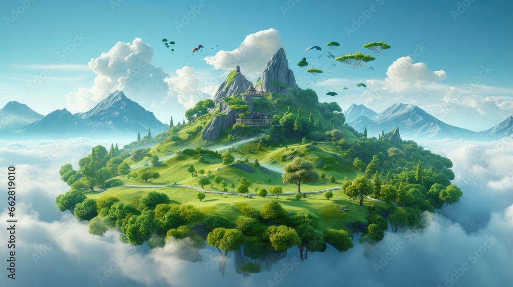 fantasy floating island with mountains, trees, and animals on green grass isolated with clouds. 3d illustration of flying land with beautiful land scape. - obrazy, fototapety, plakaty 