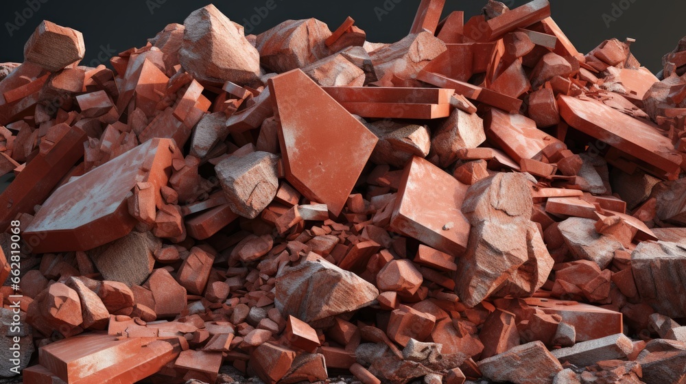Construction waste. A pile of red broken bricks, concrete debris and rubble. Demolition rubble Construction waste. A pile of red broken bricks, concrete debris and rubble. Demolition rubble