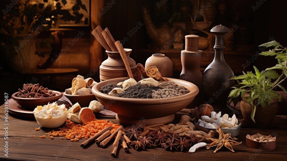Traditional chinese medicine with herb and spices in brown wooden background mortar and pestile , for medicine advertising , photography traditional medicine content Traditional chinese medicine with herb and spices in brown wooden background mortar and pestile , for medicine advertising , photography traditional medicine content