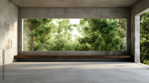 3d render of empty concrete room with large window on nature background. © HN Works